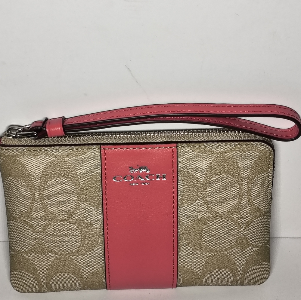 Coach Signature Wristlet in Tan and Pink